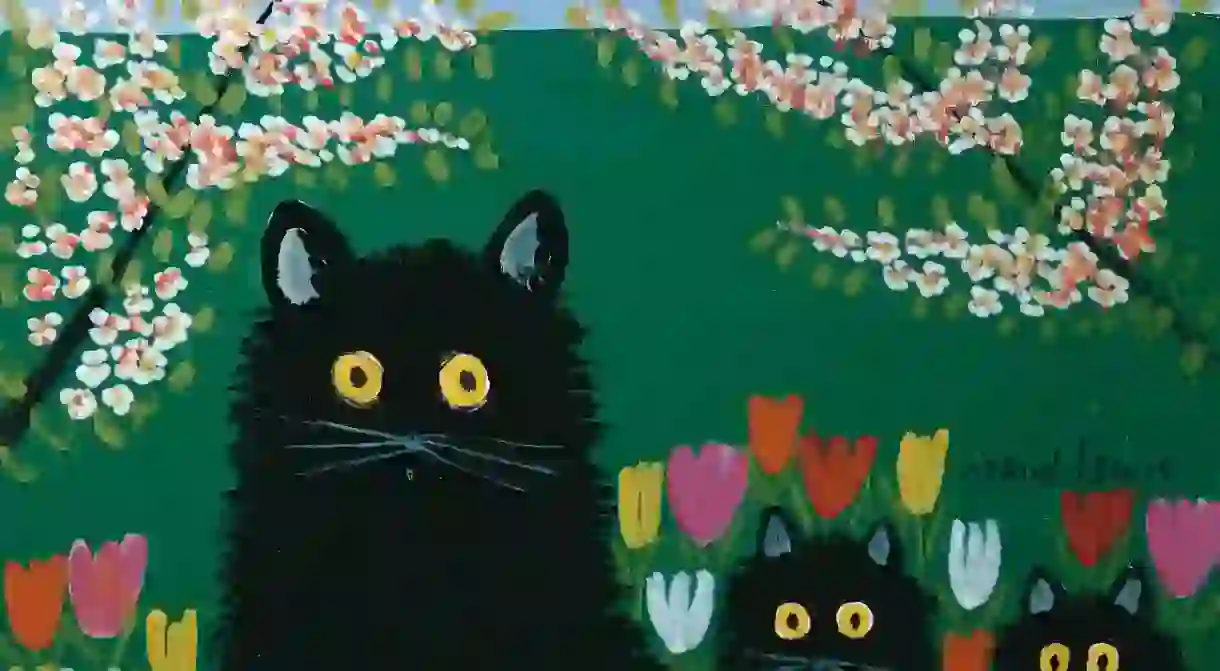 Maud Lewis, Three Black Cats, 1955, oil on pulpboard. Private Collection