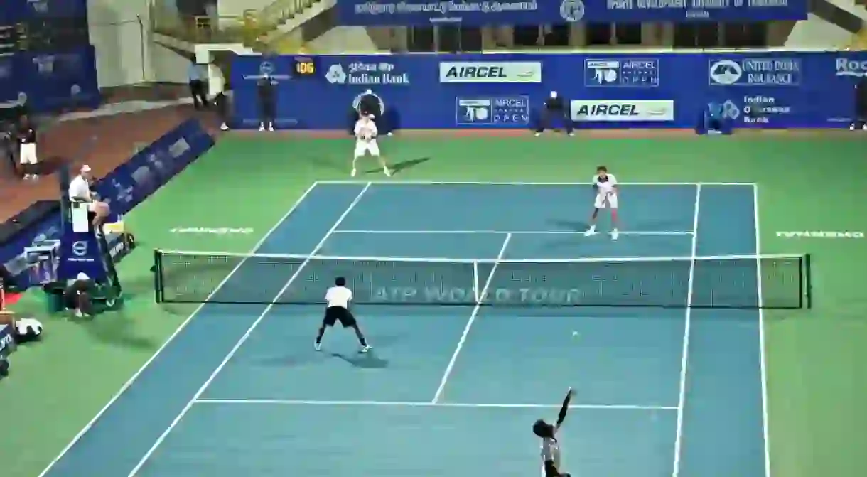 An Aircel Chennai Open doubles match at the SDAT Tennis Stadium in Nungambakkam, Chennai