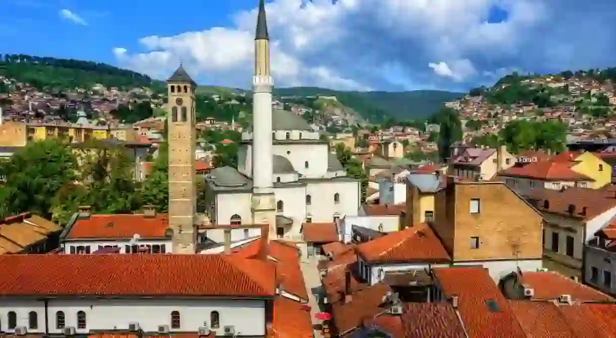 Old Town of Sarajevo with Gazi Husrev-beg Mosque and red tiled roofs of main bazaar, Bosnia and Herzegovina