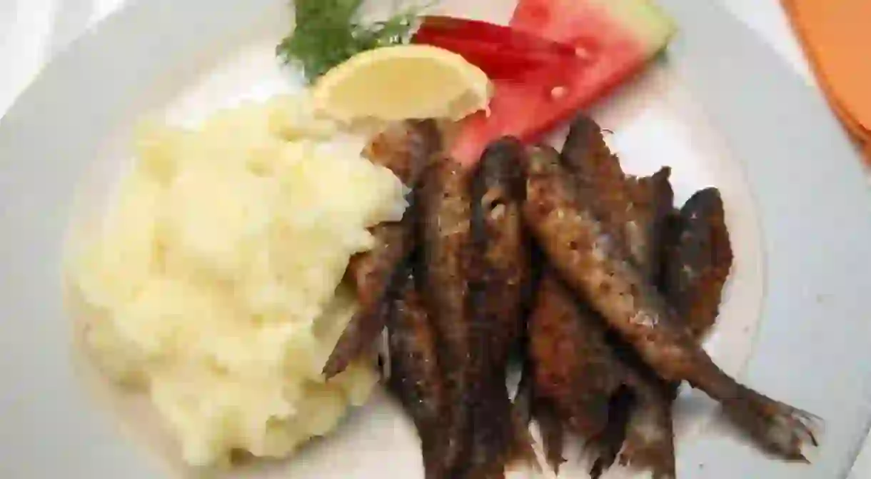 Fried vendace with mashed potatoes