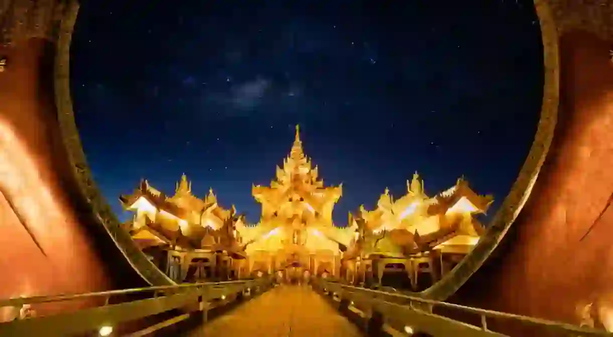 The grand entrance of the Karaweik Palace in Yangon