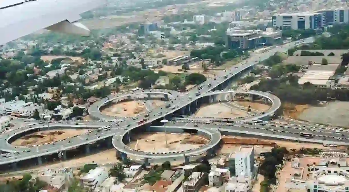 An aerial view of the Kathipara Flyover in Chennai, one of the largest clover-leaf interchanges in South Asia