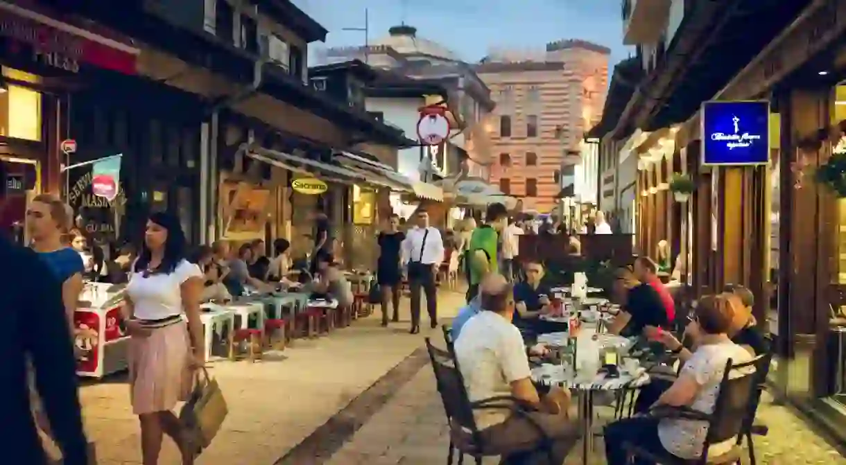 People having iftar dinner on streets of Sarajevo, Bosnia, during holy muslim month of Ramadan