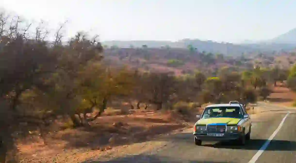 Taxi driving through rural Morocco