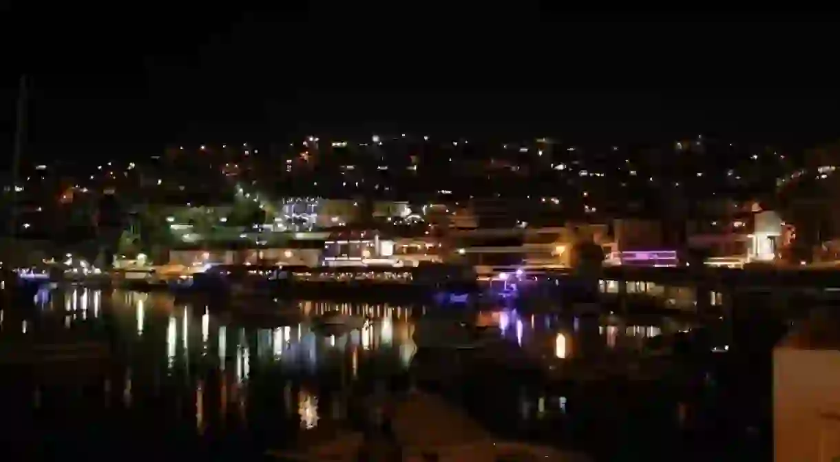 View of Kastella hill from Mikrolimano by night