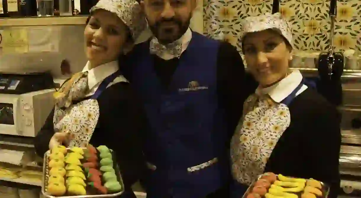 Staff at Eccellenza Costiera in the Vomero quarter proudly display their hand made pasta reale sweets