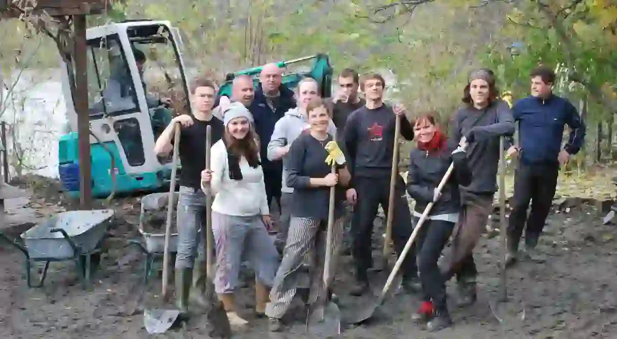 Volunteers on a construction site