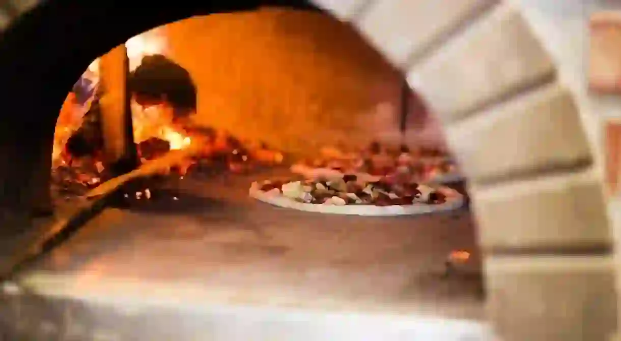 A wood-fired pizza oven