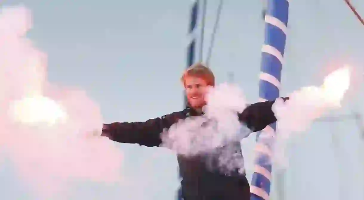 French skipper Francois Gabart celebrates his world record, off Brest Harbour, western France, Dec 2017