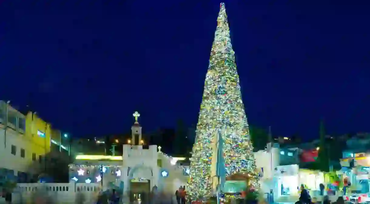 Christmas scene of Marys Well Square, Nazareth, Israel