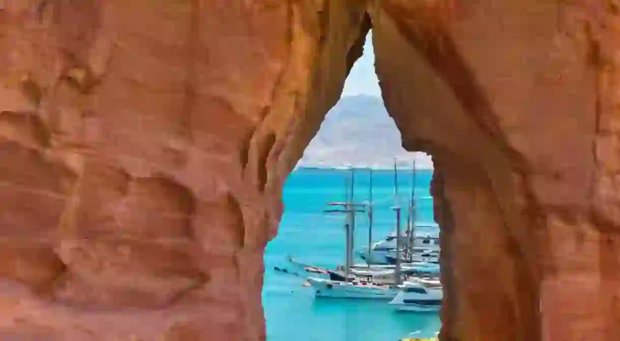 View of the Gulf of Aqaba with boats and yachts in Eilat marina, Israel