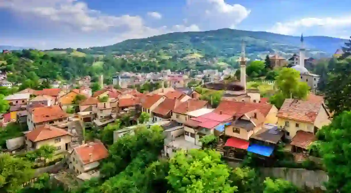 Red tile roofs and old mosques in historical town Travnik