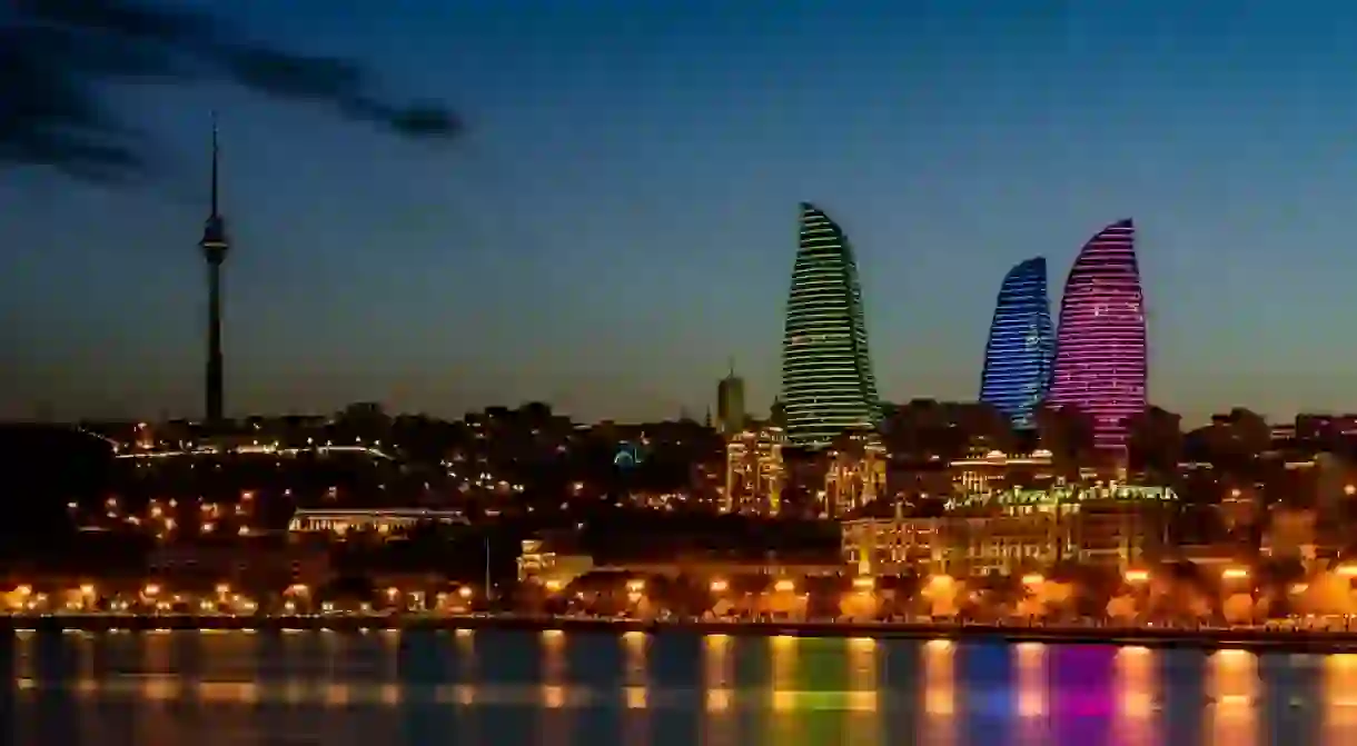 Night view of the Flame Towers in Baku, Azerbaijan