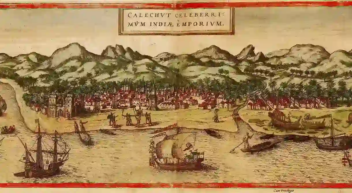 A panorama of Calicut from the atlas Civitates orbis terrarum, 1572