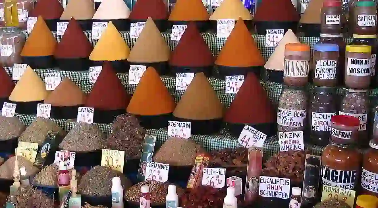 Colourful spices at a Moroccan souk