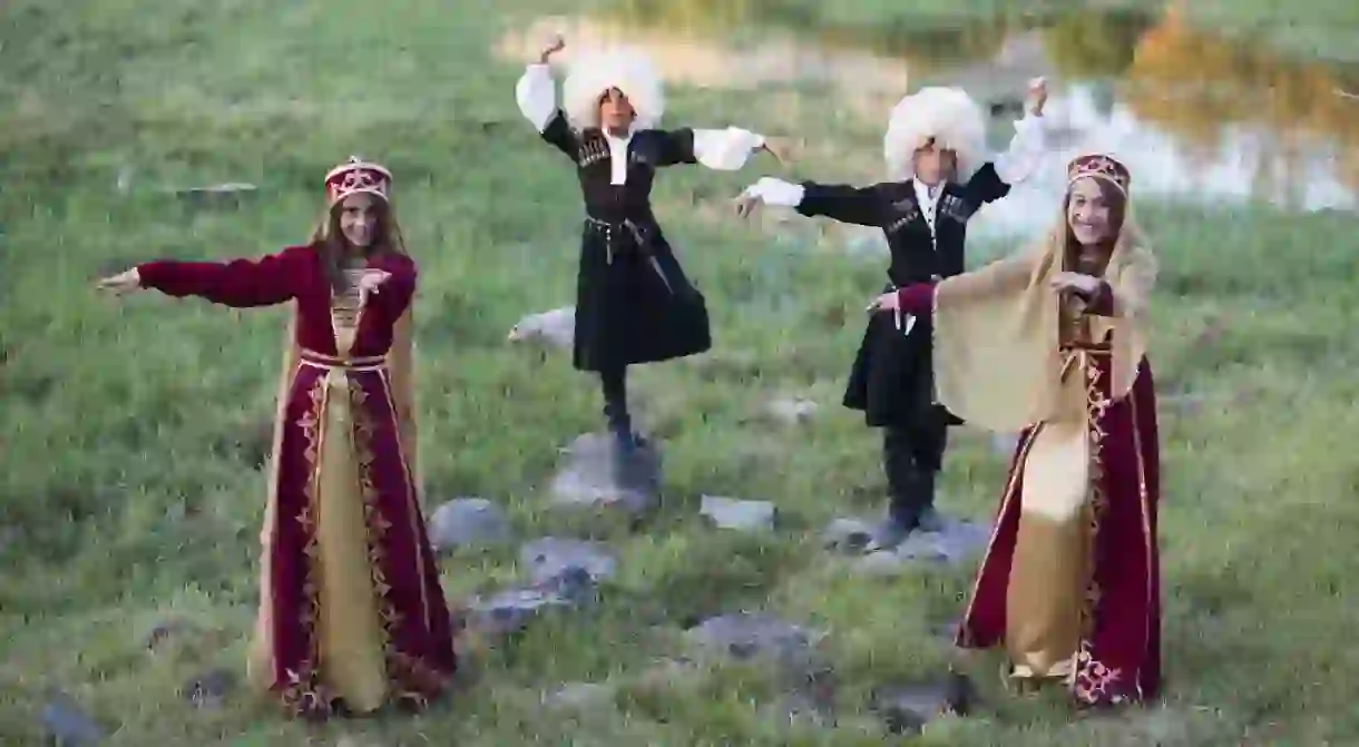 A group of Circassians in traditional garb performing a typical dance, Rehaniya, northern Israel