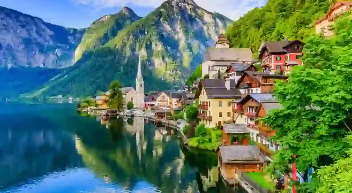 Famous Hallstatt mountain village and alpine lake, Austrian Alps