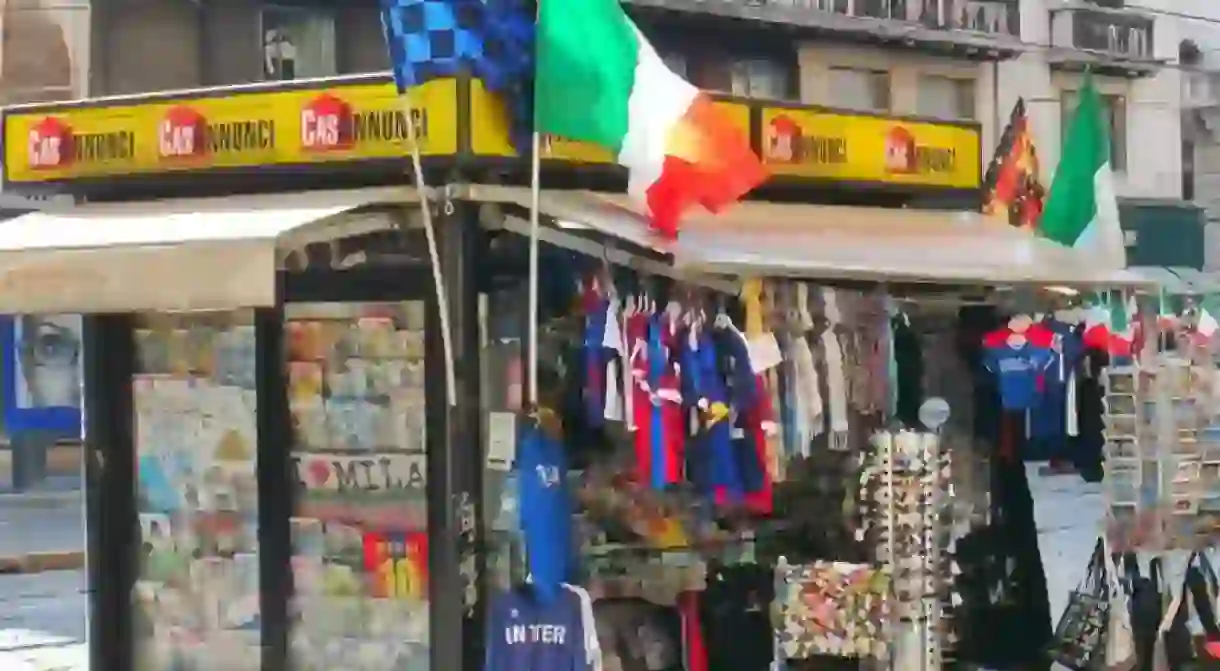 Tourist souvenir stall in Milan centre