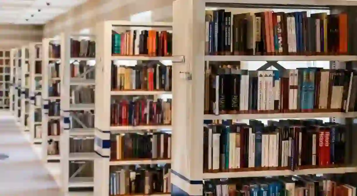 Bookshelves inside the Anna Centenary Library in Chennai, India