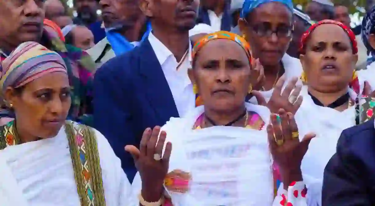 Ethiopian Jewish prayers at the Sigd in Jerusalem, Israel, 2015. The Sigd is an annual holiday of the Ethiopian Jewry