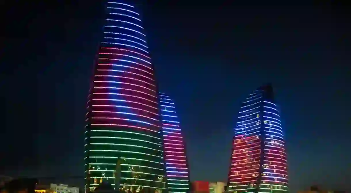 Bakus Flame towers with the Azerbaijan flag