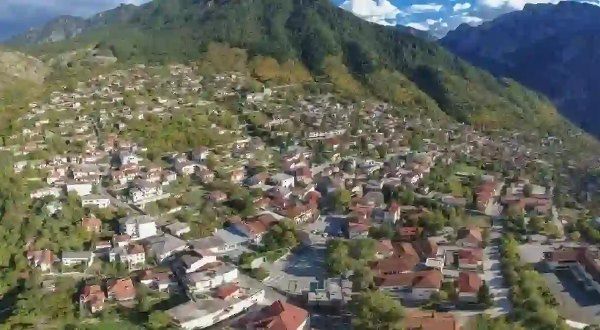 Aerial view of Konitsa town. Tymfi mount, Zagori, Epirus, Greece, Europe