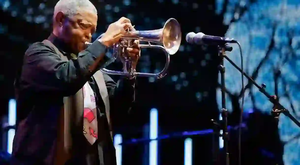 South African Jazz Musician Hugh Masekela Performs on Stage During the Safaricom International Jazz Festival in Nairobi Kenya 12 August 2016; the Festival is Organized by Safaricom, Which is a Leading Mobile Network Operator Company in Kenya Kenya Nairobi Kenya Music - Aug 2016