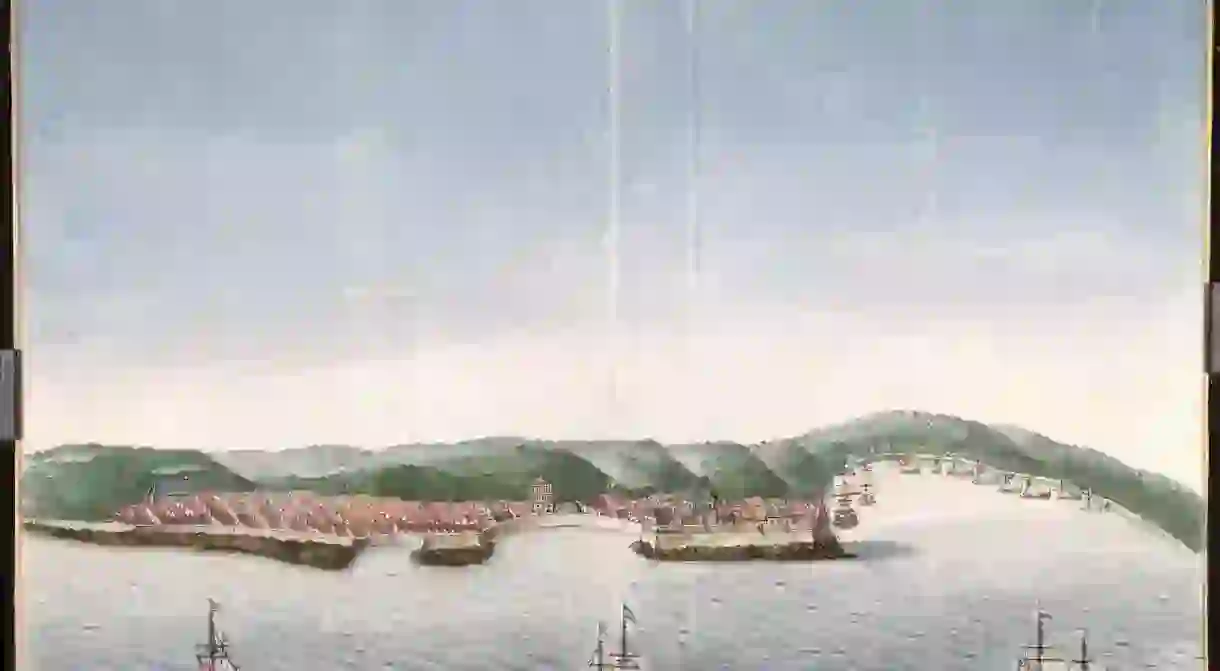 Artist’s rendition of the view of the coastal town of Kannur from 1665