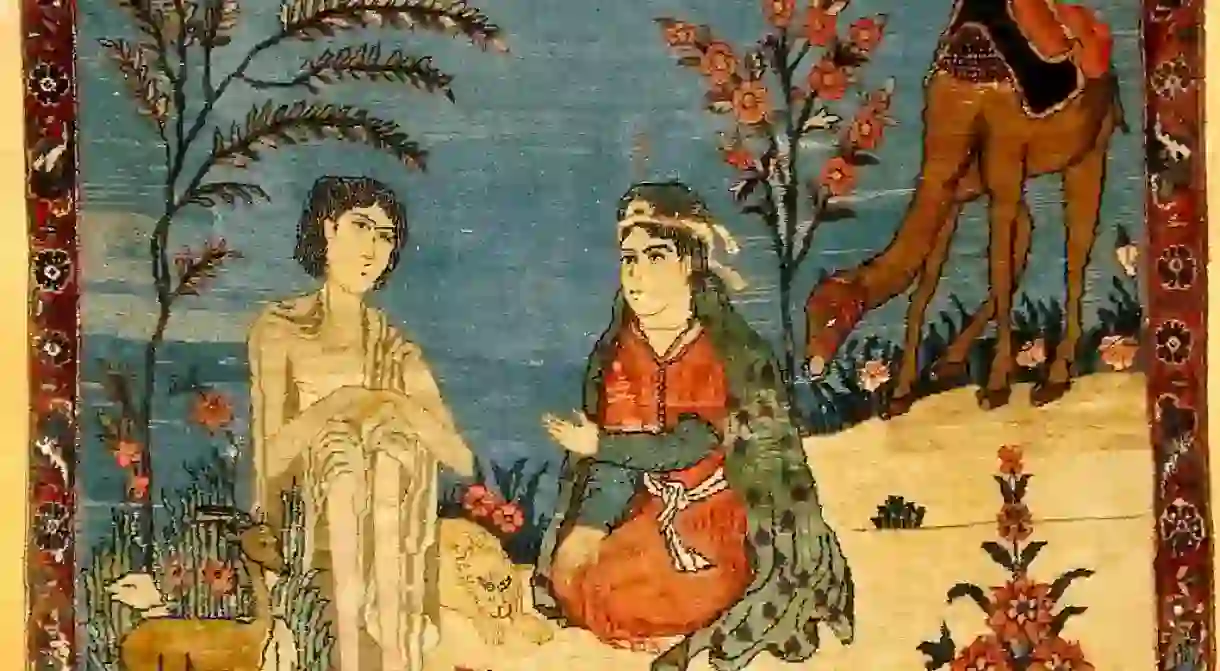 Art on a carpet depicting Leyla and Majnun