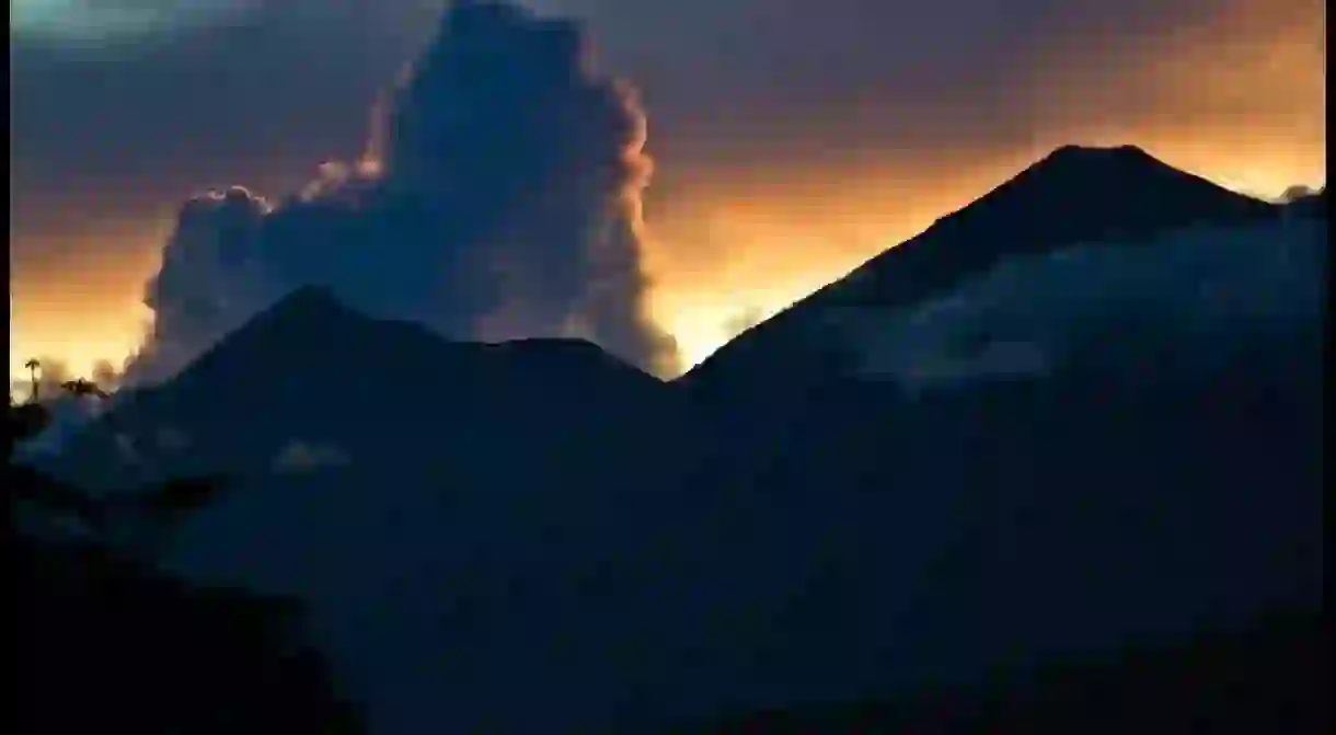 Sunset over Fuego and Acatenango volcanoes in Guatemala