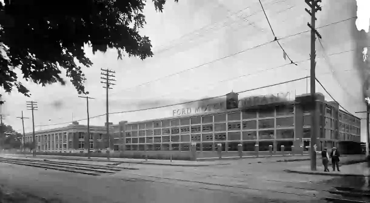 The first moving assembly line was invented at the Highland Park Ford Plant in Detroit