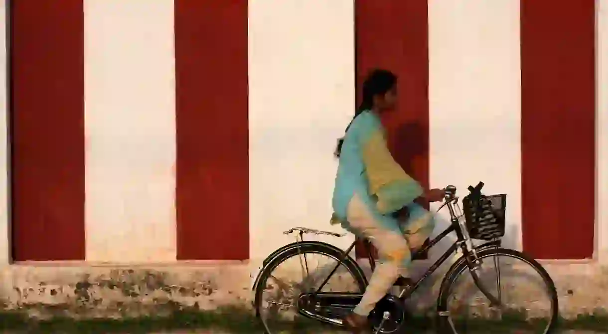 Biker outside a Hindu temple in Jaffna