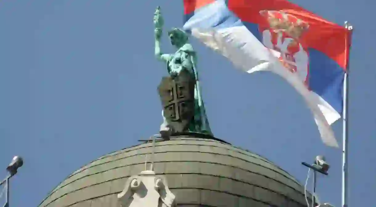 The Serbian flag flying proud