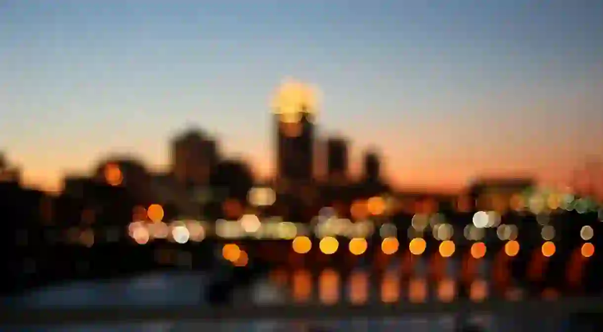 The bright lights of the Minneapolis skyline