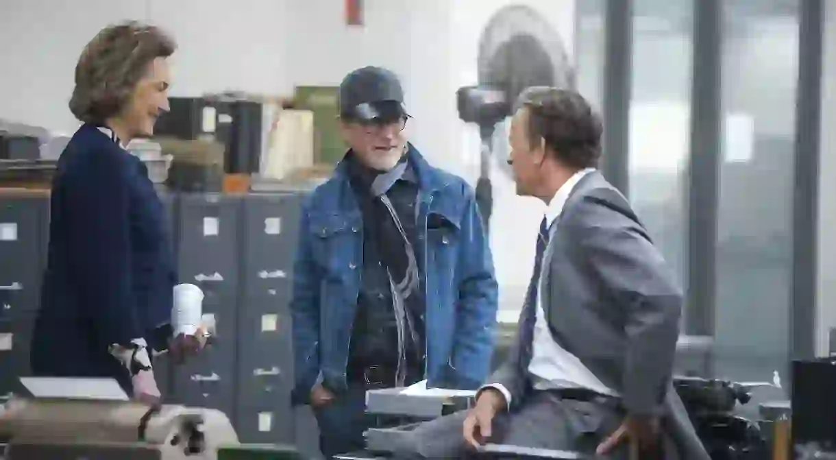 Meryl Streep, Director Steven Spielberg, and Tom Hanks on the set of THE POST. Photo Credit: Niko Tavernise.