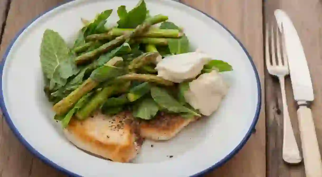 Seasonal asparagus, goats cheese and fish