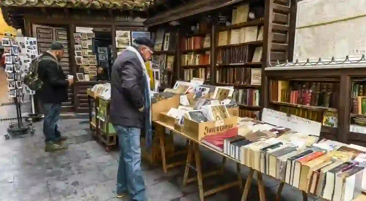 Famous traditional book store in the old district of Madrid, Spain