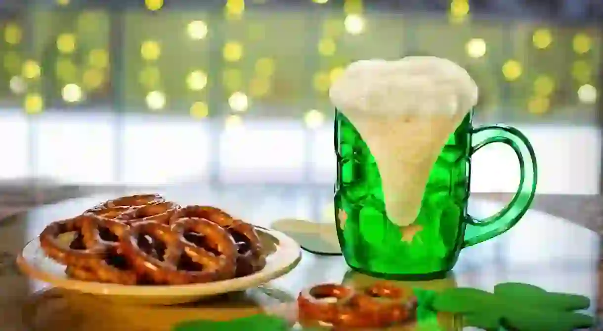 St. Patricks Day beer and pretzels