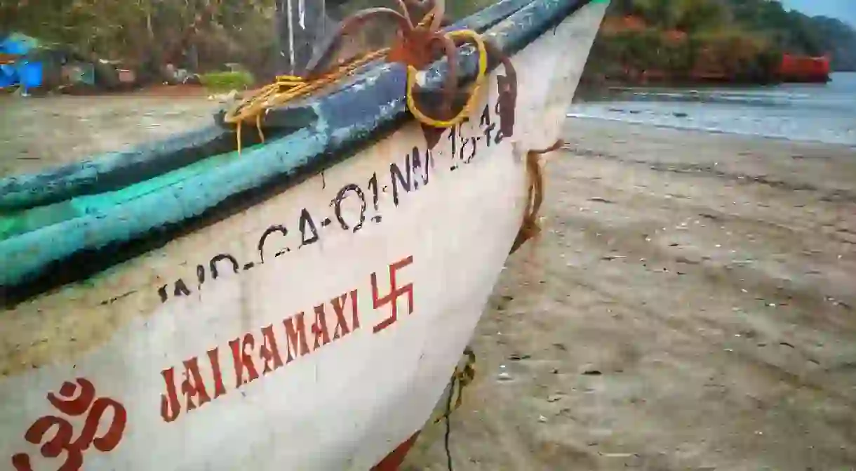 The swastika symbol painted on a fishermans boat in India