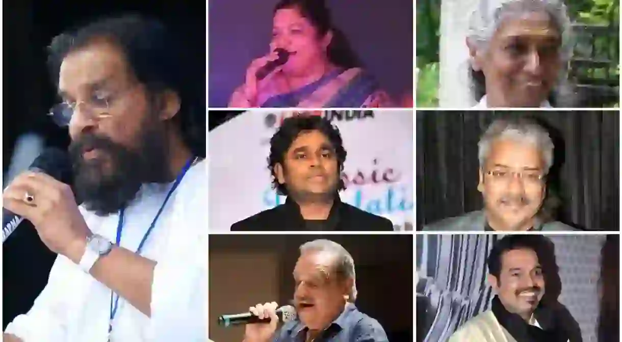 Singer collage. From left; Column 1 - KJ Yesudas. Top to bottom; Column 2 - KS Chitra, AR Rahman, P Jayachandran. Column 3 - S Janaki, Hariharan, Shankar Mahadevan