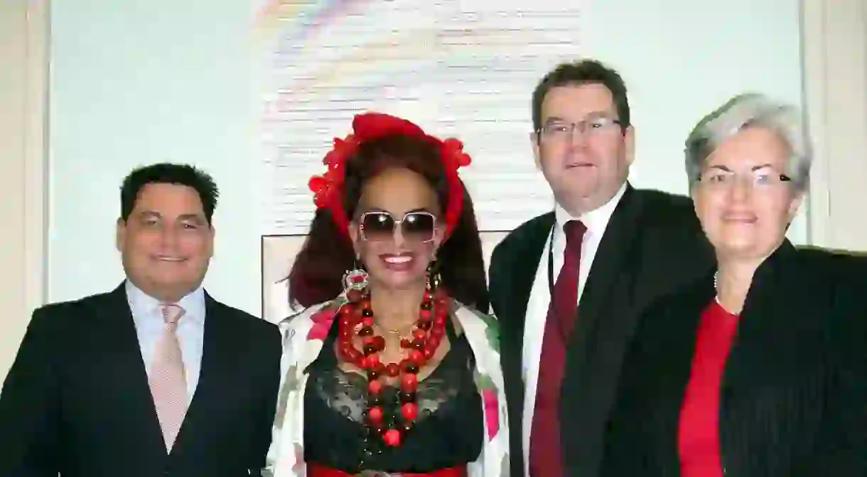 Carmen Rupe (centre) with former politician Charles Chauvel (left), Labour MP Grant Robertson and former Labour MP Maryan Street