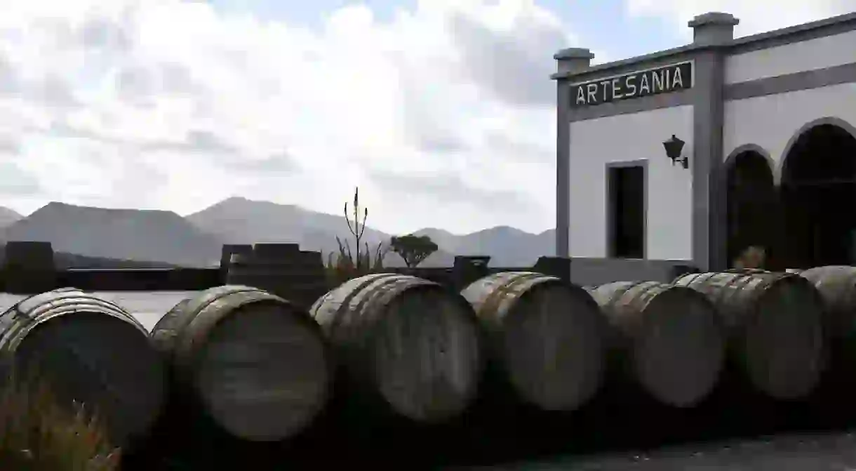 Wine barrels outside Lanzarote vineyard