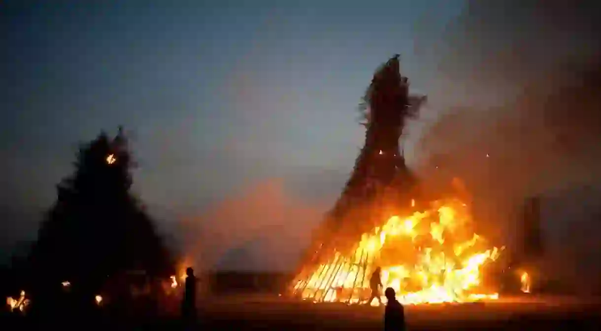 Fires burn during the Jeongwol Daeboreum Fire Festival in Busan