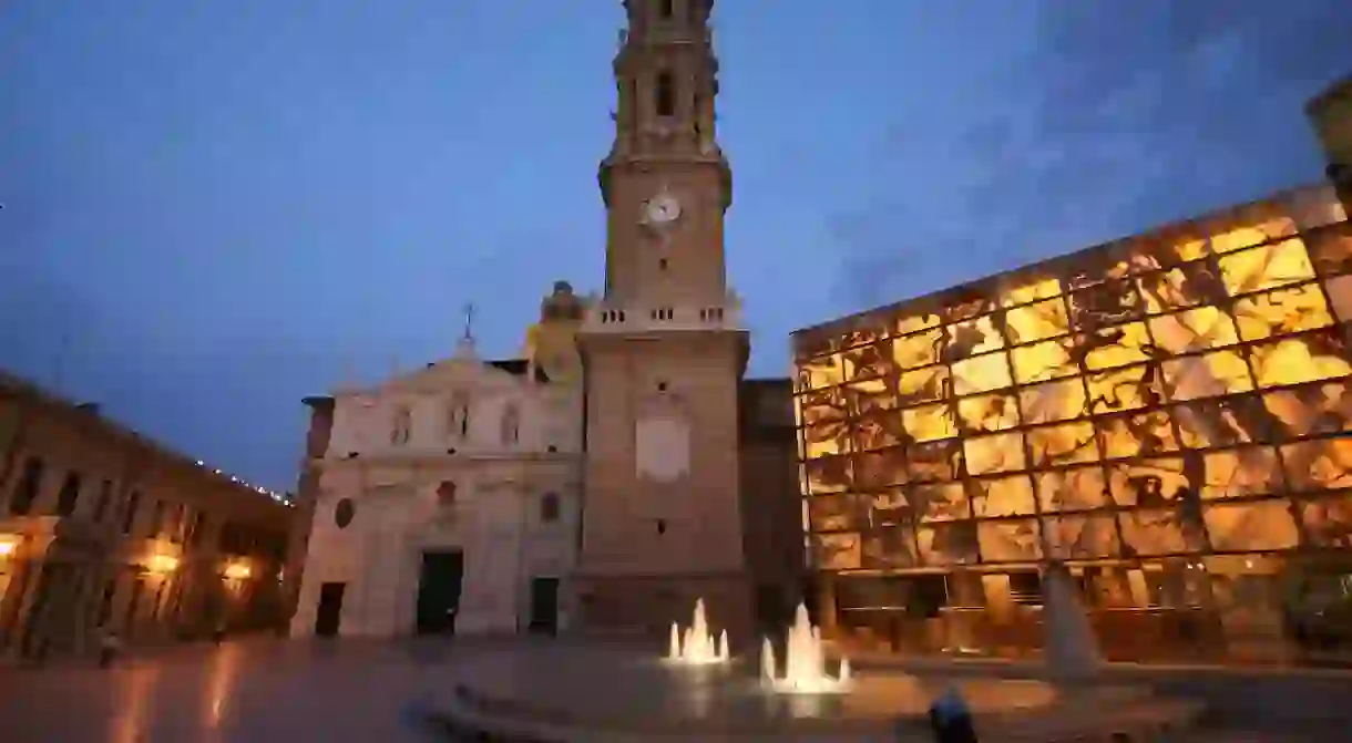 Nighttime shot of Plaza La Seo in Zaragoza, Spain