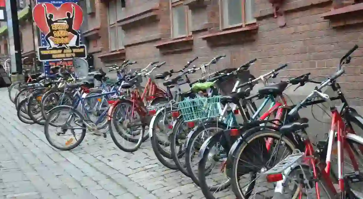 Lines of bikes are a common sight in Finnish cities