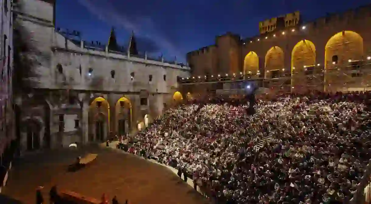 The courtyard of the immense Palais des Papes during the Avignon Festival