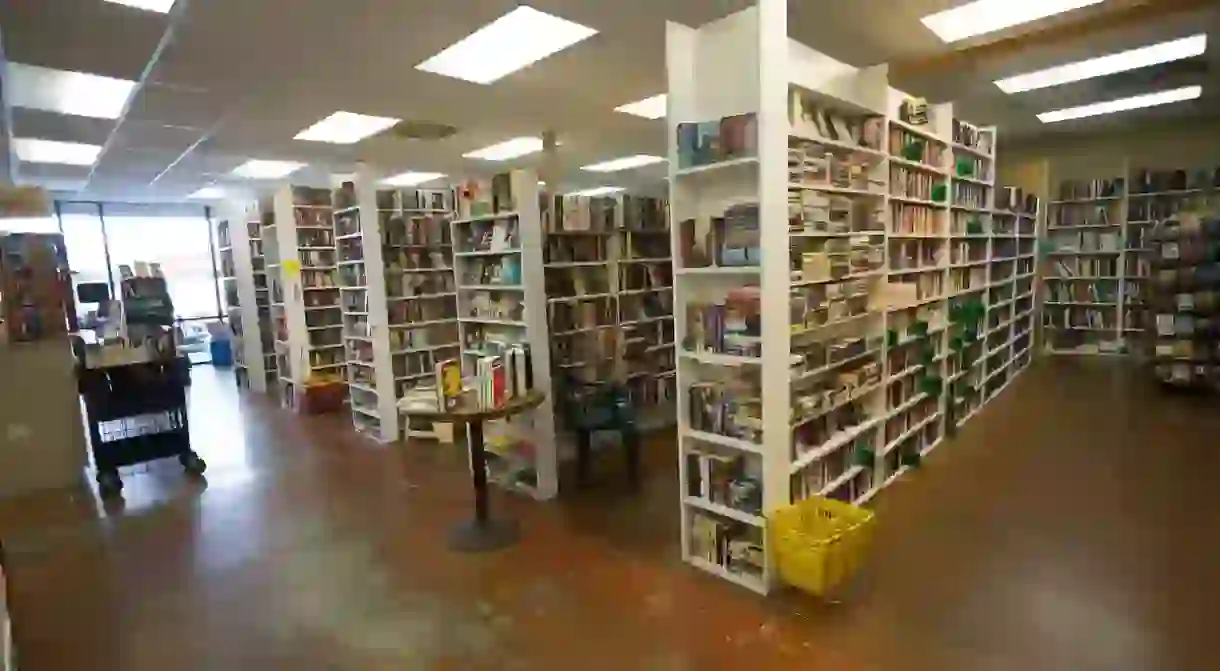 Bookshelves at J. Crawfords Books in Sacramento, CA