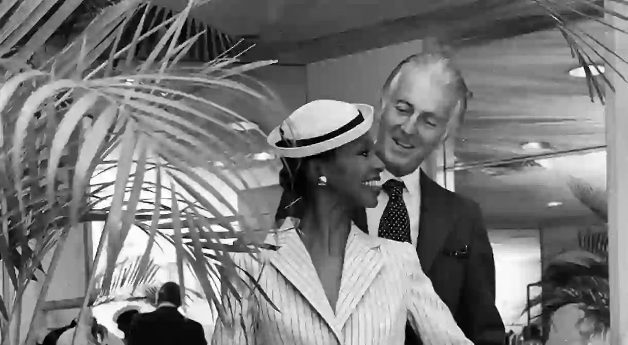 Givenchy with a model wearing a skirtsuit from the Givenchy Fall/Winter 1979 collection with hat Givenchy Spring 1979 HC, New York