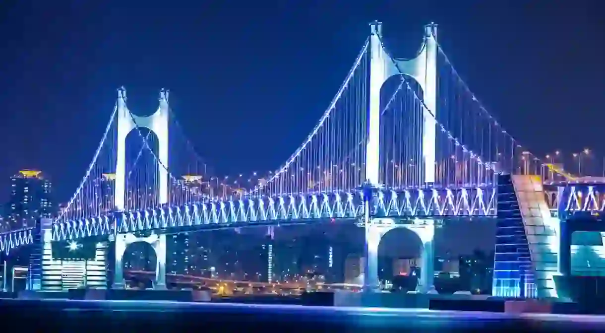 Gwangan Bridge lit up at night in Busan, South Korea