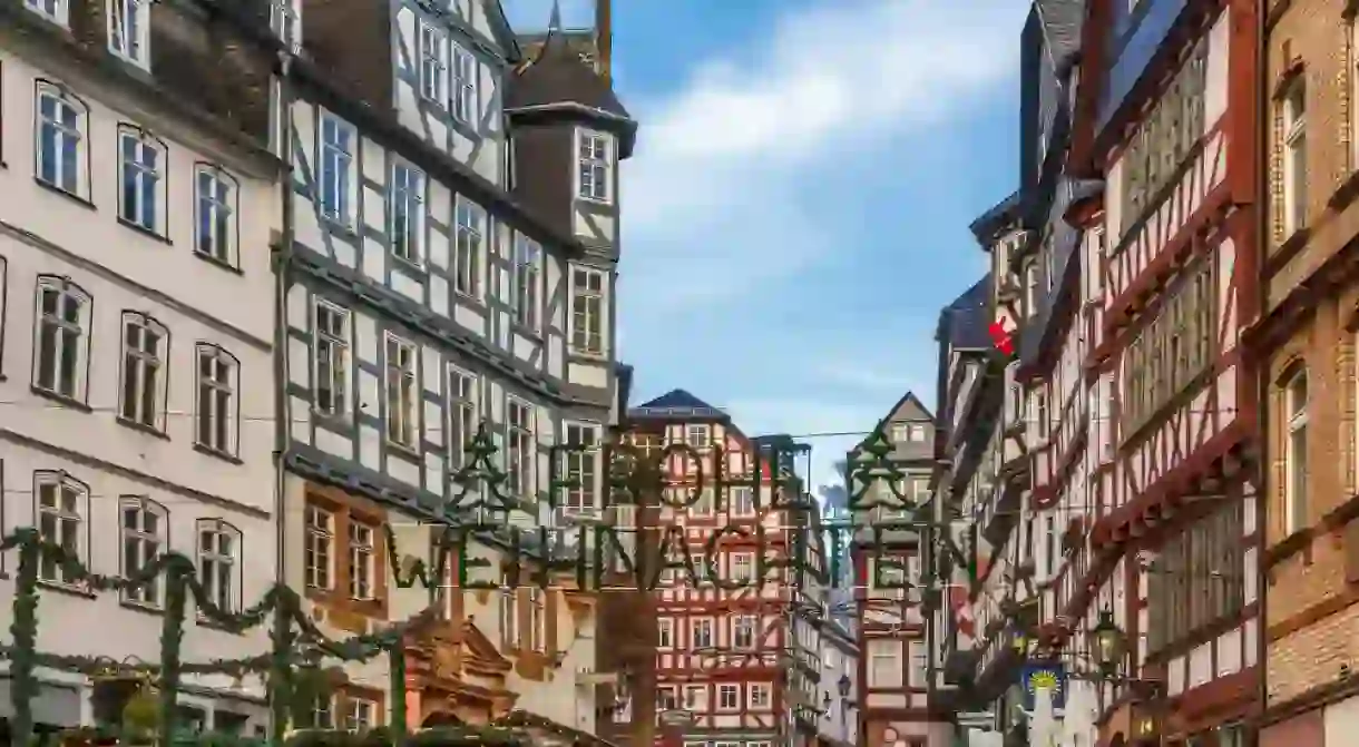 Street in Marburg with half-timbered houses, Germany